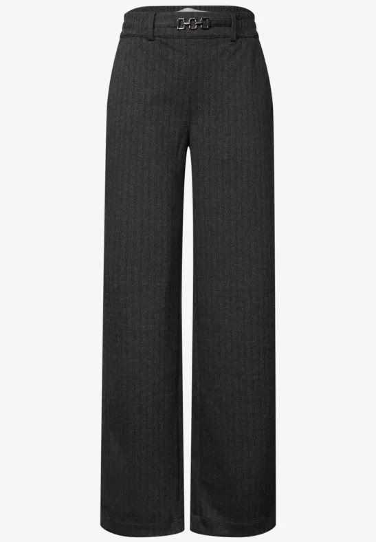 Wijde donkergrijze pantalon met fijne krijtstreep en hoge taille.