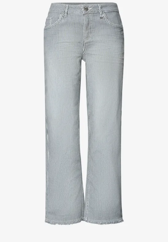 Graue Jeanshose mit weitem Bein und hellgrauen Streifen, Saum unversäubert