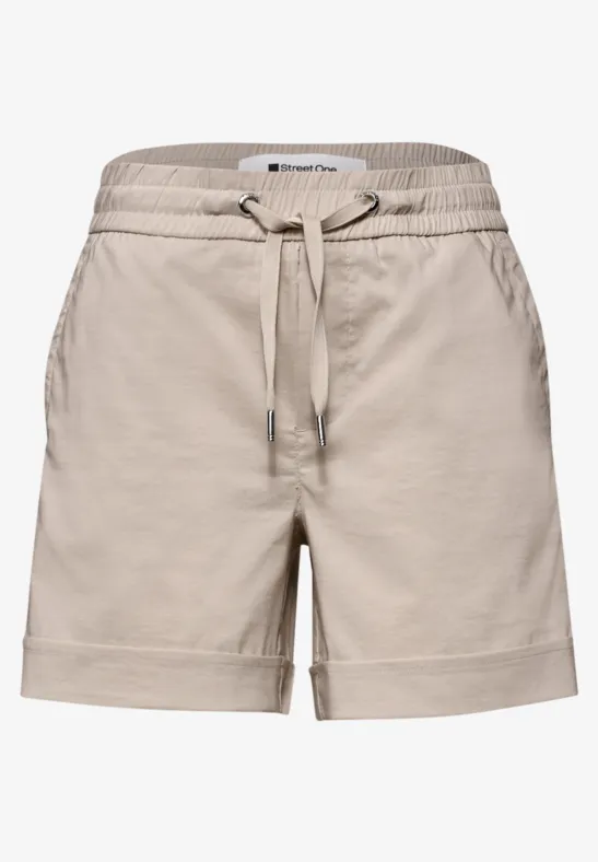 Beige Damen-Shorts mit Gummizug, Kordelzug, seitlichen Taschen und umgeschlagener Saum.