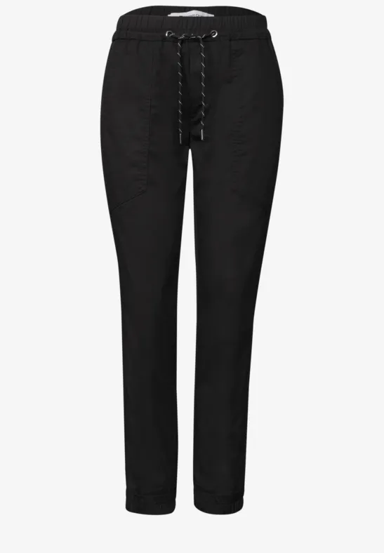 Zwarte, casual broek met elastische taille en aantrekkoord, rechte pasvorm.