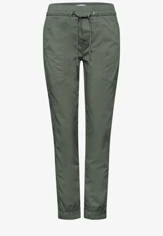 Grüne lässige Damenhose mit Tunnelzugbund und elastischen Bündchen, Slim-Fit.