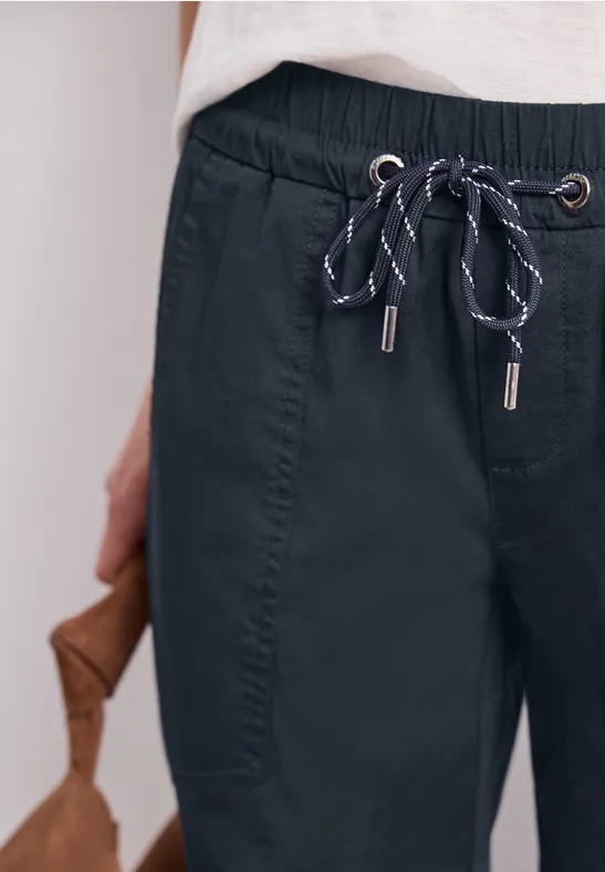 Donkergrijze broek met elastische taille, aantrekkoorden en steekzakken, casual stijl