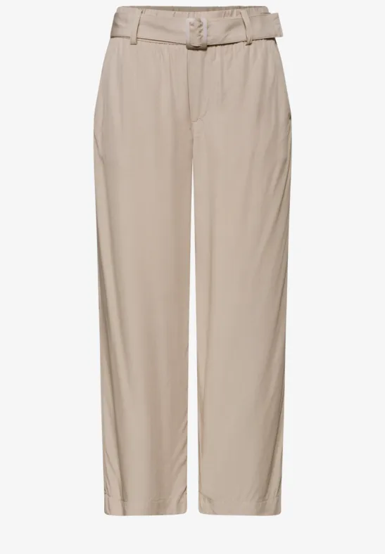 Beige Paperbag-Hose mit hohem Bund, Taillengürtel und weitem Bein