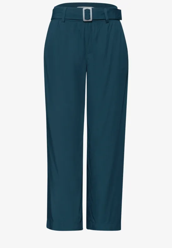 Tealfarbene Damenhose mit hohem Bund und Gürtel, geradem Schnitt