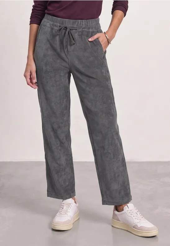 Graue weite Cordhose mit Gummibund und Kordelzug, lässig und bequem