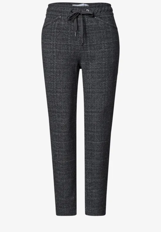Elegante graue Karohose mit Kordelzugbund und schlanker Passform.