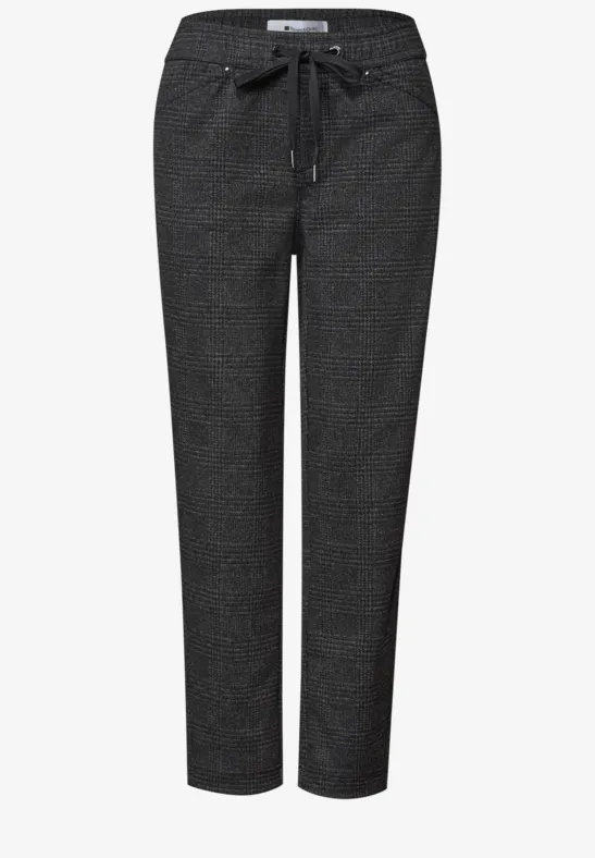 Schwarze, taillierte Damenhose mit dezentem Muster, elastischem Bund und Bindeband.