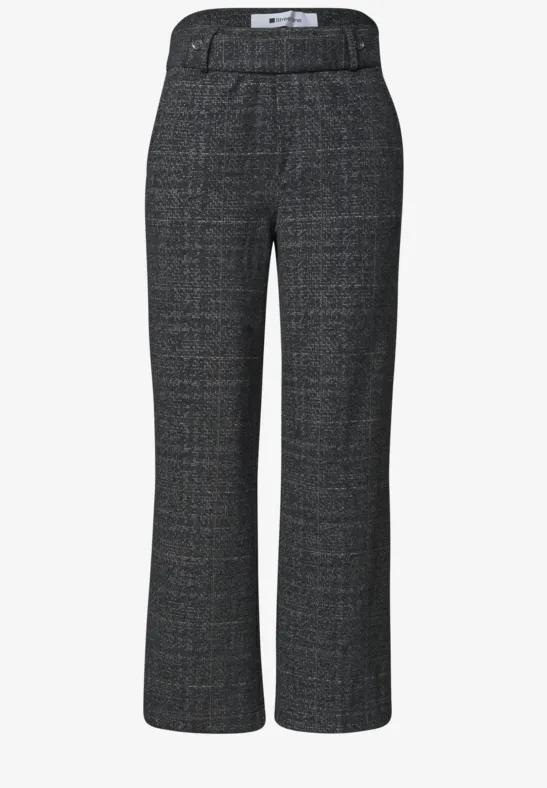 Dunkelgraue, leicht karierte Damenhose mit geradem Bein und dezentem Wollmuster.