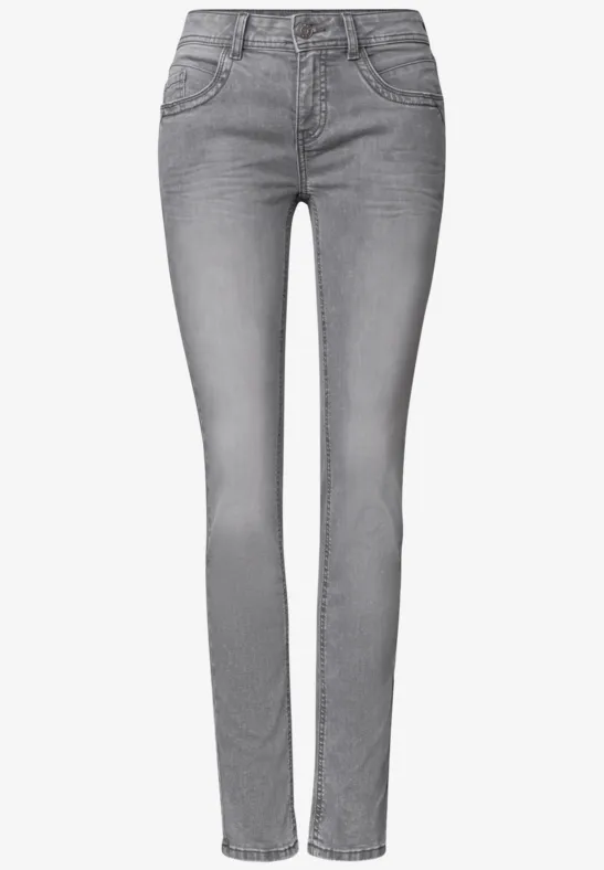 Graue, hochtaillierte Skinny-Jeans mit fünf Taschen und engem Bein.