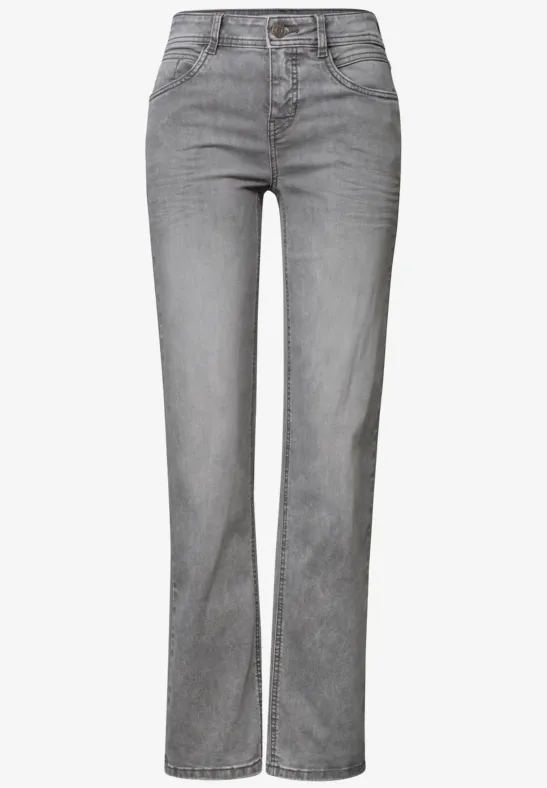 Graue Jeans mit geradem Bein und hohem Bund.