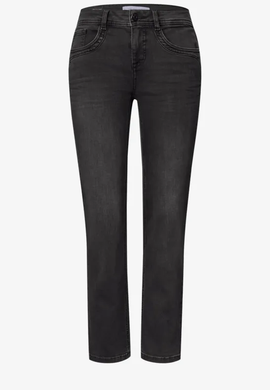 Schwarze Damenjeans im klassischen Five-Pocket-Stil mit geradem Bein und Gürtelschlaufen