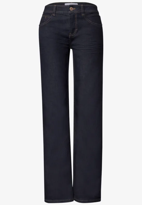 Dunkelblaue, gerade geschnittene Jeans mit hoher Taille und klassischem Knopfverschluss.