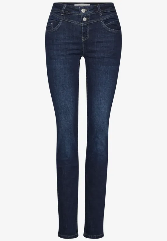 Donkerblauwe jeans met hoge taille, smalle pasvorm en knoopsluiting.