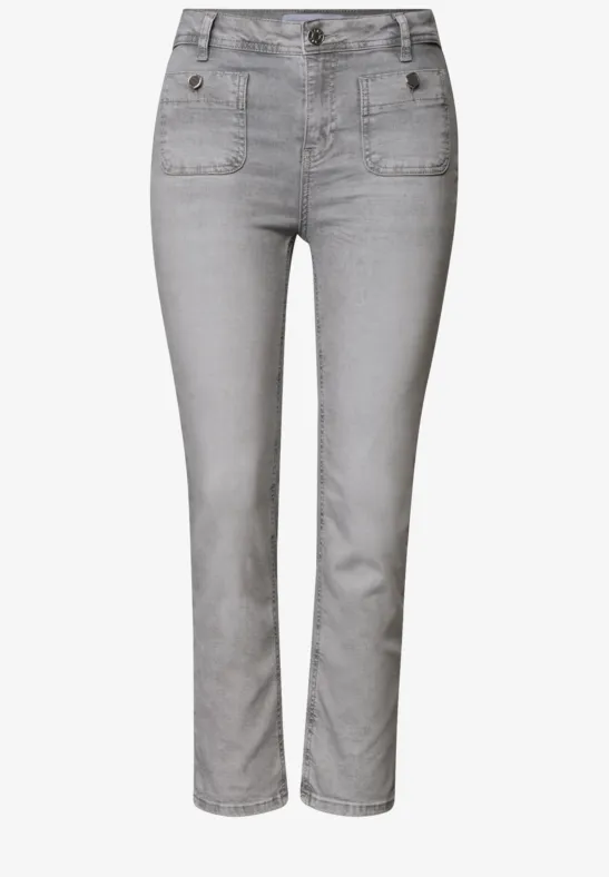 Graue High-Waist-Jeans mit geradem Schnitt und Knopf-Details an der Taille.