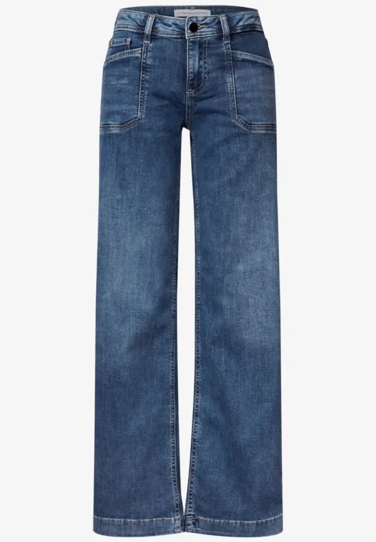 Hoch taillierte, weite blaue Jeanshose mit geradem Bein und klassischer 5-Pocket-Optik.