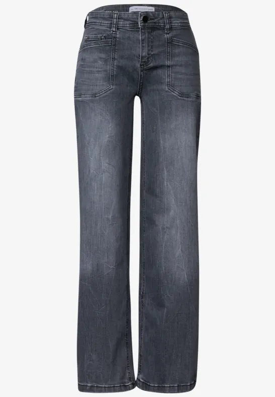 Dunkelgraue Jeanshose mit hohem Bund und weitem Bein in lässigem Stil.