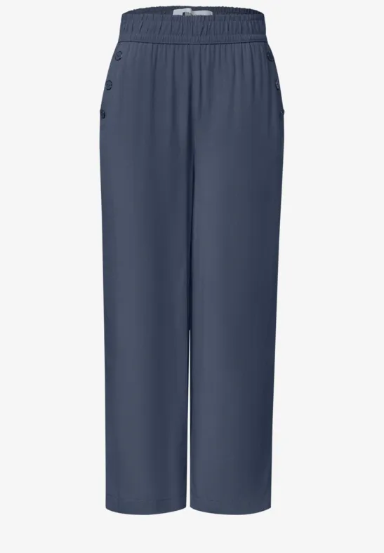 Dunkelgraue, gerade geschnittene Hose mit elastischem Bund und seitlichen Eingrifftaschen.