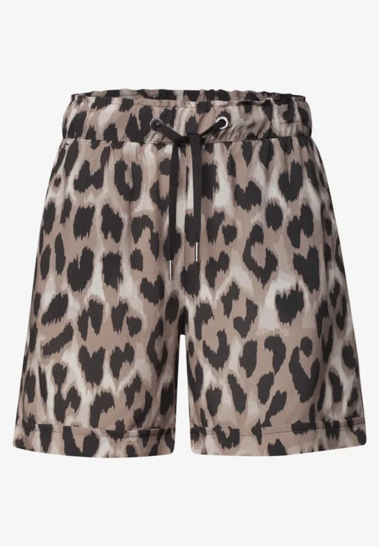 Dames korte broek met luipaardprint, elastische taille en tunnelkoord.