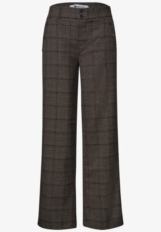 Ein Paar karierte, braune Stoffhosen mit geradem Schnitt und hoher Taille.