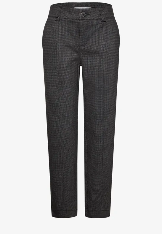 Pantalon en tissu gris foncé, coupe droite et fermeture à bouton.