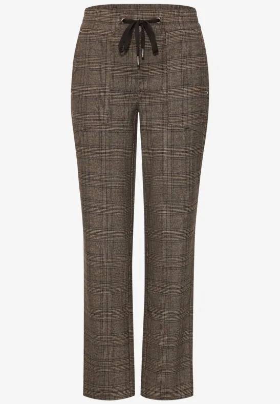 Braune Karohose mit Glencheck-Muster, geradem Bein und Kordelzug am Bund