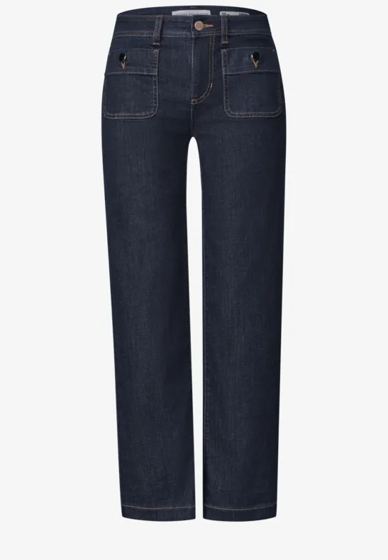 Dunkelblaue, gerade geschnittene Jeans mit hohem Bund und aufgesetzten Taschen.