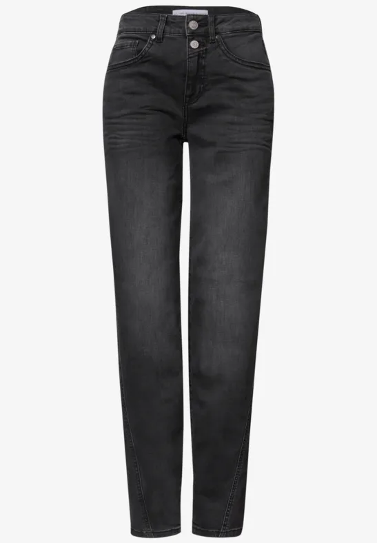 Zwarte damesjeans met hoge taille en knoopsluiting, rechte pijpen en donkere wassing.