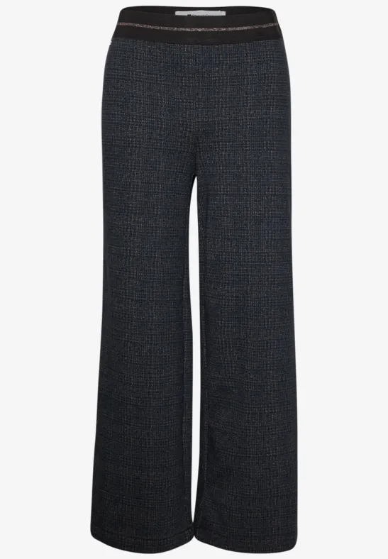 Dunkelgraue, weite High-Waist-Hose mit feinem Muster und elastischem Bund.