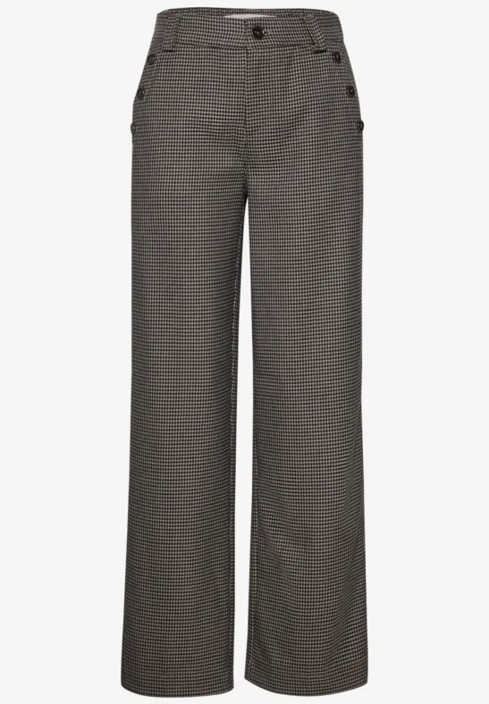 Graue, hoch taillierte Damenhose mit weitem Bein und feinem Hahnentrittmuster.