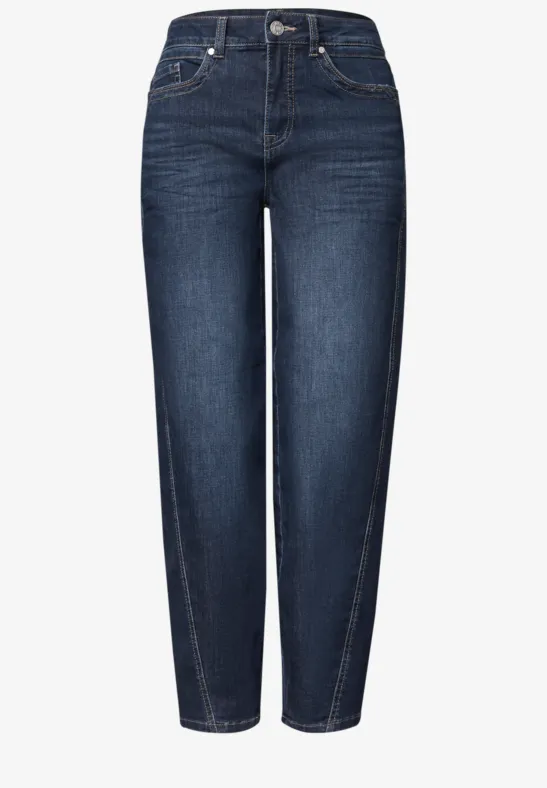 Dunkelblaue Damen-Jeans mit hohem Bund, geradem Bein und klassischen Taschen.