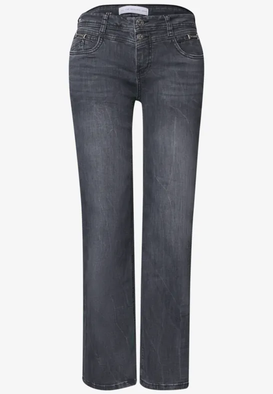 Dunkelgraue, gerade geschnittene Jeans mit fünf Taschen und mittlerer Taille.