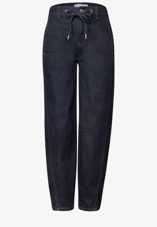 Dunkelblaue Jeans mit lockerem Schnitt, elastischem Bund und Kordelzug.