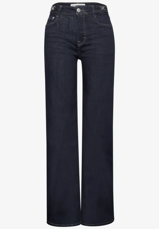 Hohe Taille, dunkelblaue Jeans mit weitem, geradem Bein.