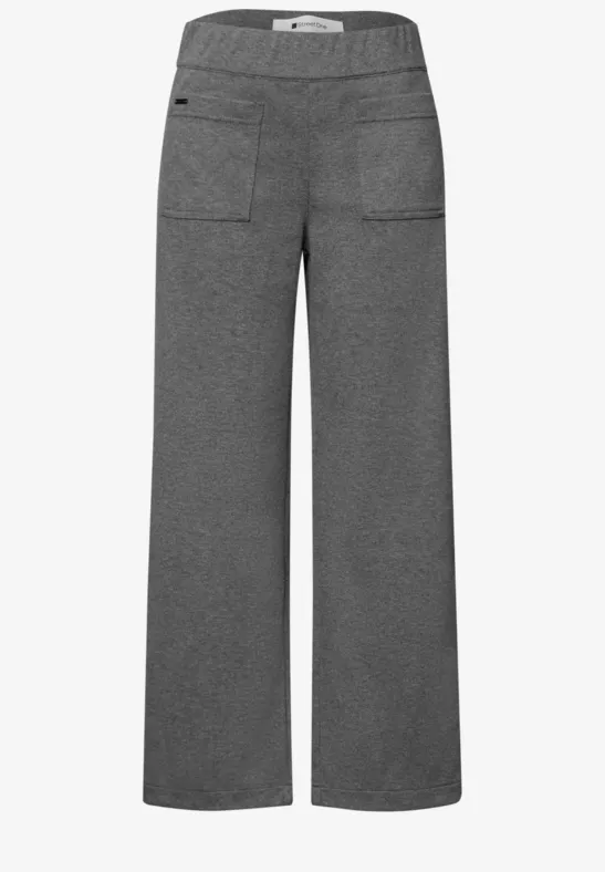 Grijze, wijdvallende broek met elastische taille, brede pijpen en opgestikte zakken