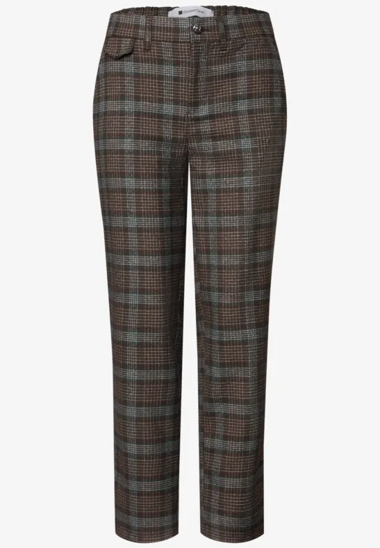 Schlanke karierte Hose in Braun- und Grautönen mit mittlerer Taille und eleganter Passform.