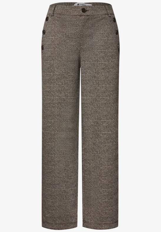 Weite Hose mit Fischgrätmuster und seitlichen Knopfdetails