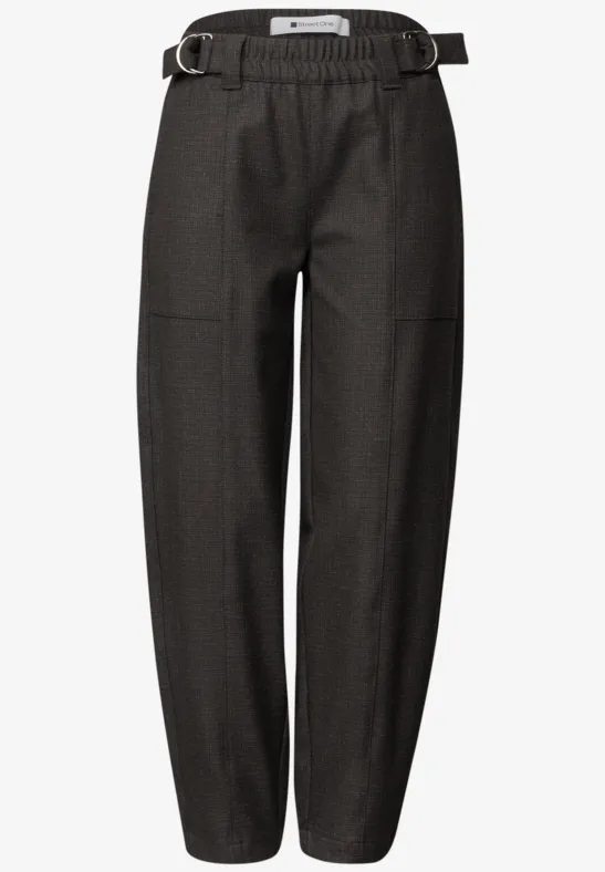 Dunkelgraue Bundfaltenhose mit elastischem Gürtelbund, lockere, leicht zulaufende Passform.