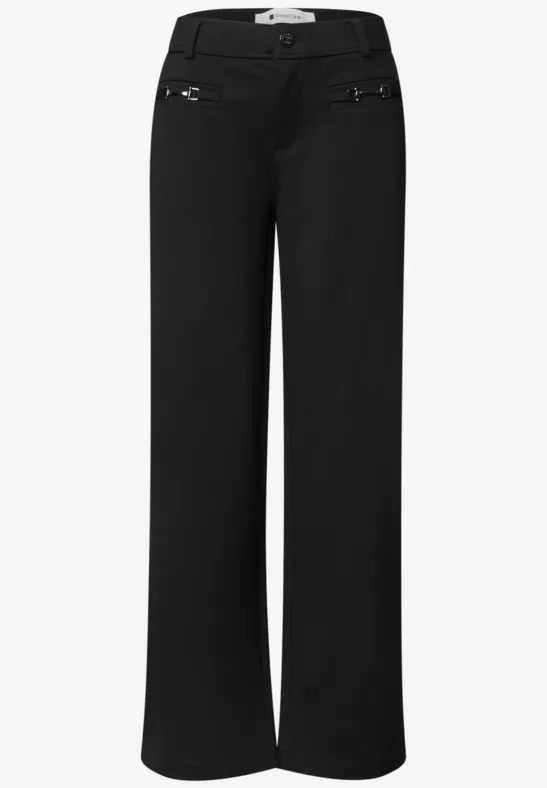 Schwarze Damenhose mit weitem Bein und Zipper-Taschen