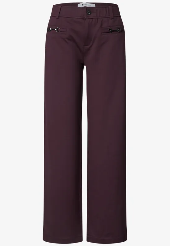 Dunkelrote Damen-Hose mit weitem Bein, Zipper-Taschen vorne