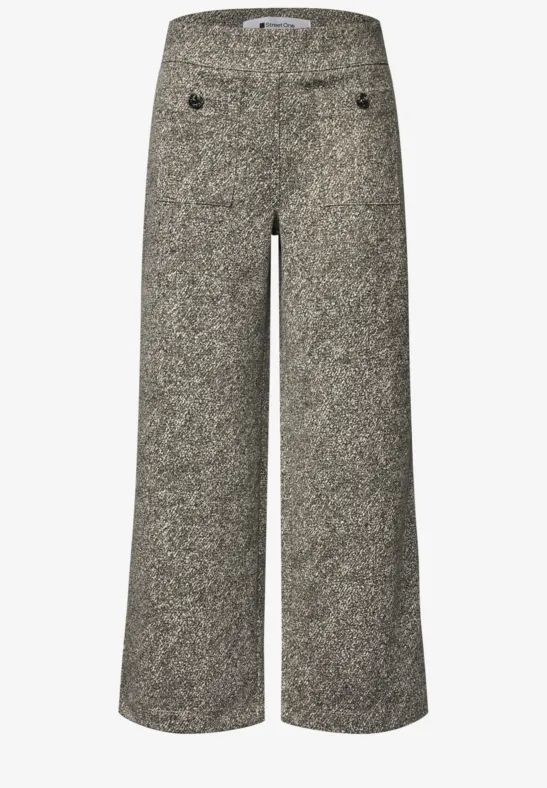 Graue, weit geschnittene Tweed-Hosen mit Knopfdetails vorn.