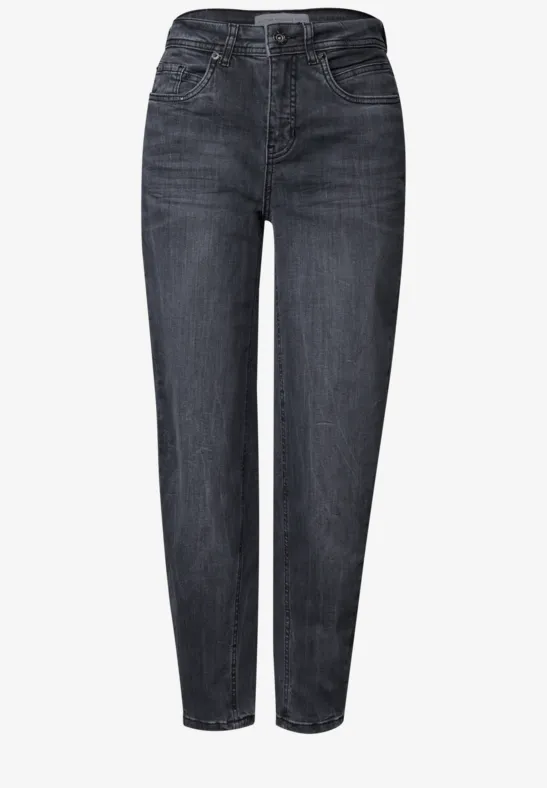 Schwarze, hochgeschnittene Jeans mit geradem Bein und dezenter Vintage-Waschung.