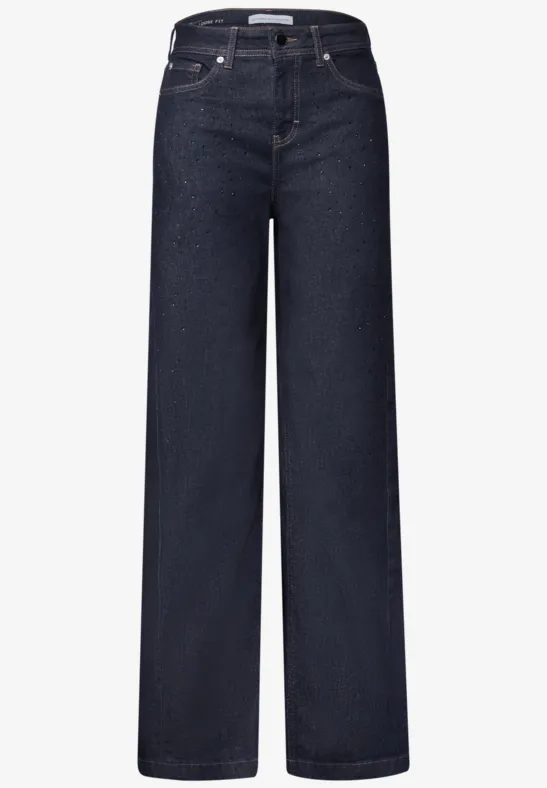 Dunkelblaue, weit geschnittene Jeanshose mit gerade geschnittenen Beinen und hoher Taille.