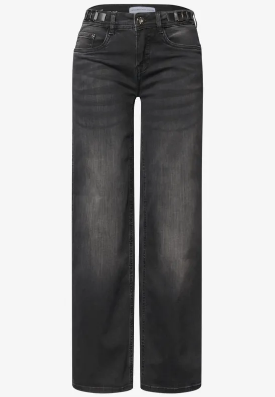 Schlichte schwarze Jeans mit geradem Bein, fünf Taschen und dezenter Waschung.