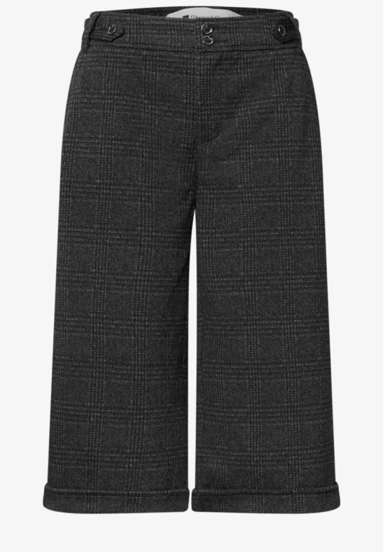 Weite, knielange graumelierte Culotte-Hose mit feinem Nadelstreifenmuster.