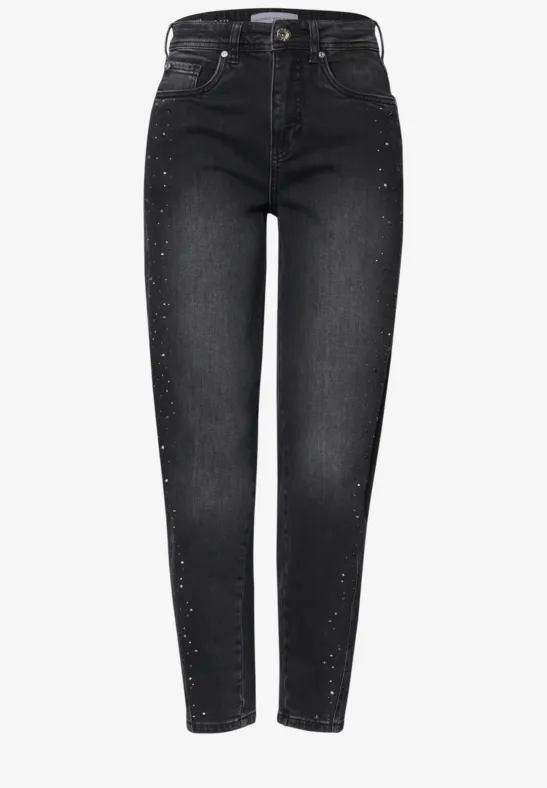 Schwarze, hoch taillierte Skinny-Jeans mit dezenten Nieten entlang der Außennähte.