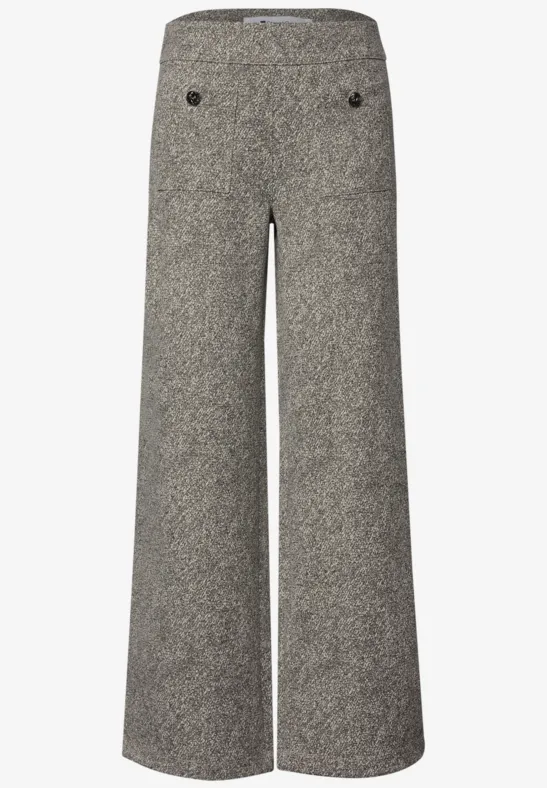 Grau melierte, weite Stoffhose mit hohem Bund und dezenten Taschen-Details vorne.