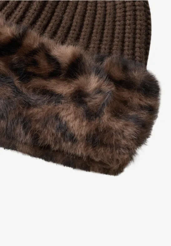 Beanie mit Fake Fur Kante im Leo-Look Black