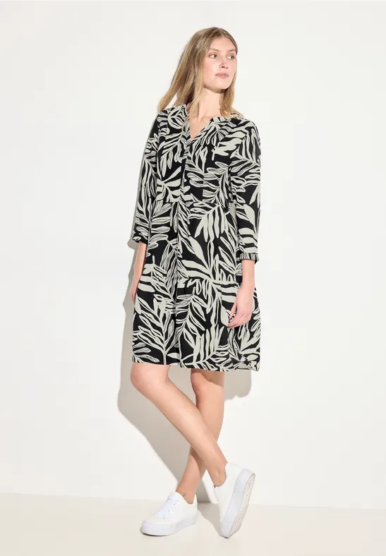 Leinenmix Print Kleid Black