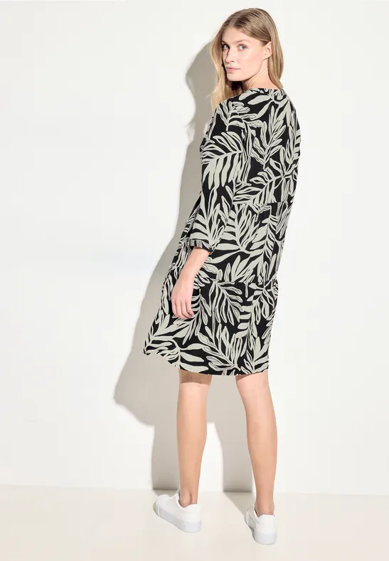 Leinenmix Print Kleid Black