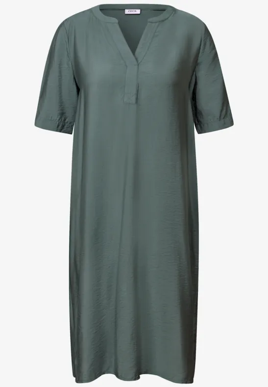 Split Neck Strukturkleid dark balmy khaki